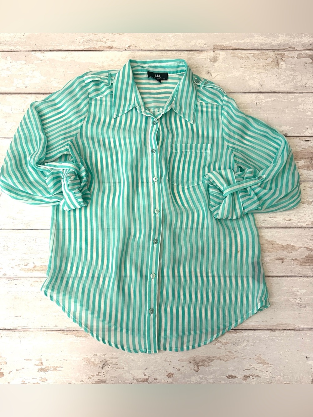 IN San Francisco L/G Teal Pinstripe Striped Button Up Long Sleeve Shirt Large